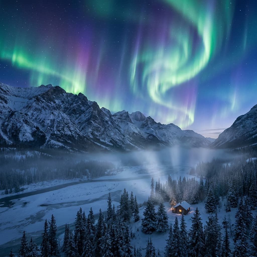 A magical aurora over snow-capped mountains at twilight, cinematic 4K, volumetric lighting, ultra-detailed landscape photography