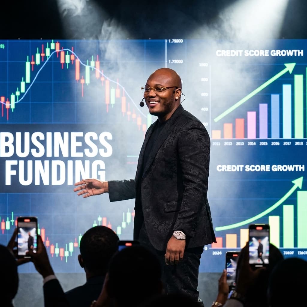 @itscartierbanks standing center stage at a luxury financial literacy conference, wearing a black tailored designer suit, Cartier-style glasses, diamond watch, headset microphone, massive LED screen behind him showing forex charts, business funding graphics, credit score growth, packed audience recording on phones, dramatic spotlight, cinematic smoke haze, motivational public figure energy, ultra realistic, vertical 9:16.
