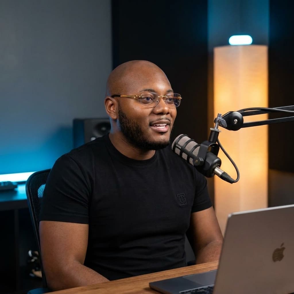 Use @itscartierbanks as reference. Sitting naturally in a modern podcast studio wearing a fitted black designer t-shirt, Cartier-style glasses, clean beard, relaxed posture while talking into microphone, subtle LED lighting, simple dark background, MacBook slightly visible on desk, realistic facial expression, authentic entrepreneur podcast vibe, camera angle like a real Instagram clip, ultra realistic, organic social media content, realistic skin texture, shallow depth of field, handheld camera feel, shot on Sony FX3, not over edited, not AI looking 