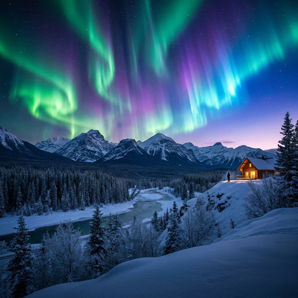 A magical aurora over snow-capped mountains at twilight, cinematic 4K, volumetric lighting, ultra-detailed landscape photography
