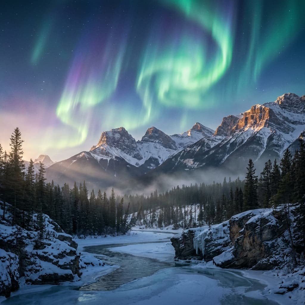 A magical aurora over snow-capped mountains at twilight, cinematic 4K, volumetric lighting, ultra-detailed landscape photography