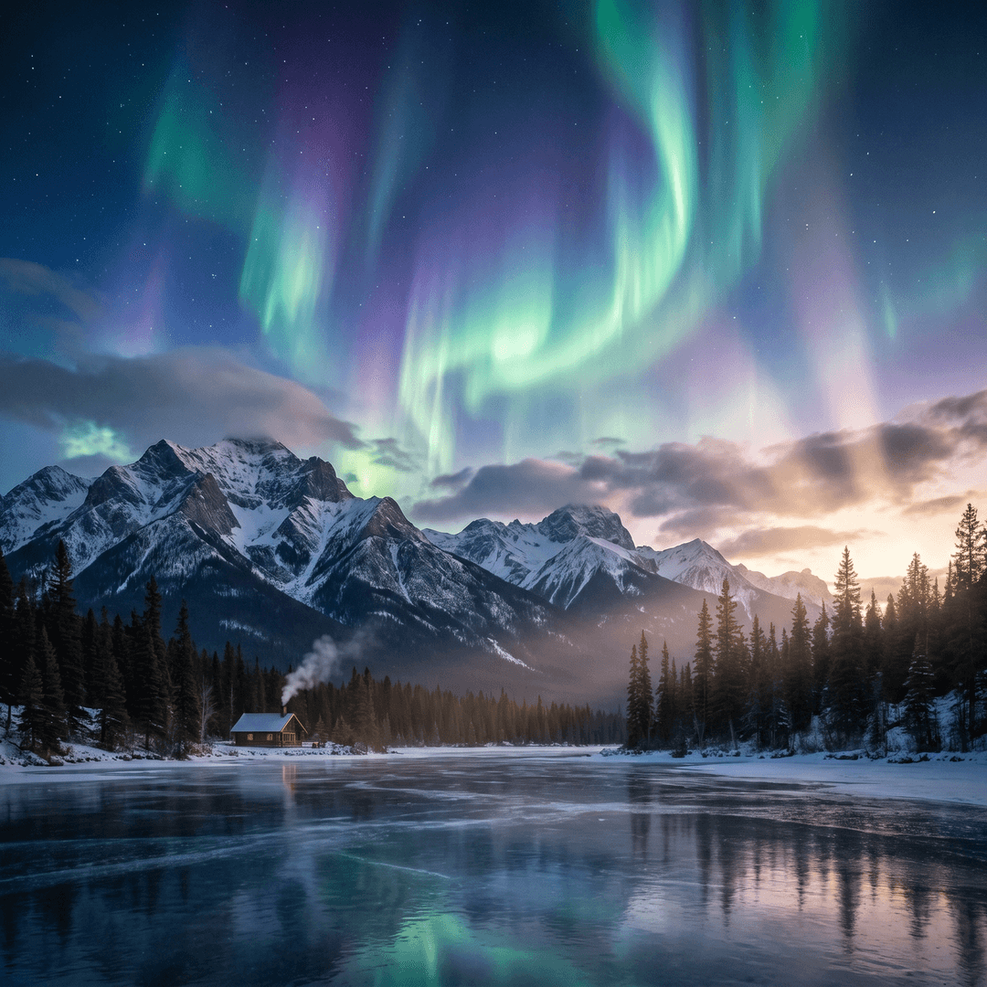 A magical aurora over snow-capped mountains at twilight, cinematic 4K, volumetric lighting, ultra-detailed landscape photography