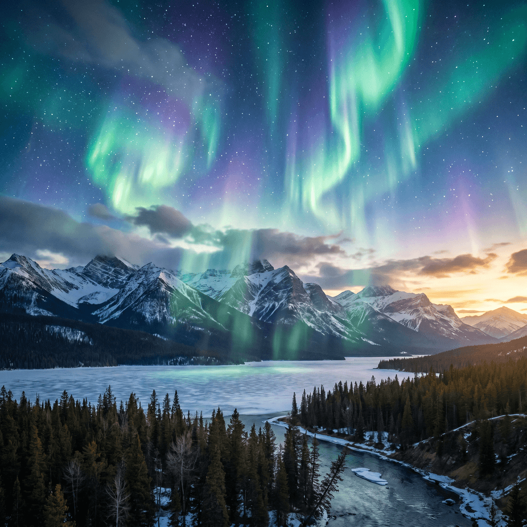 A magical aurora over snow-capped mountains at twilight, cinematic 4K, volumetric lighting, ultra-detailed landscape photography