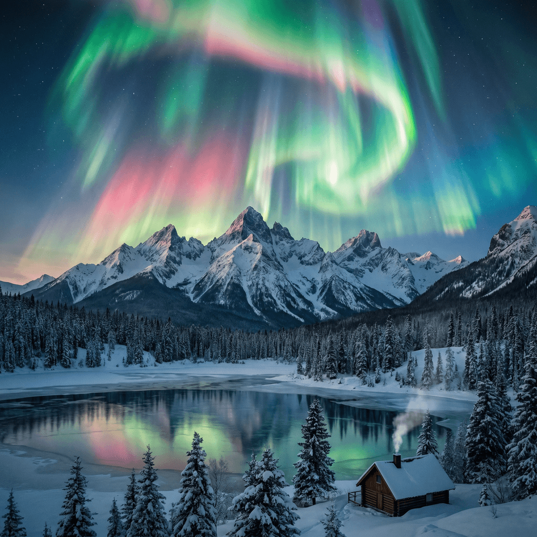 A magical aurora over snow-capped mountains at twilight, cinematic 4K, volumetric lighting, ultra-detailed landscape photography