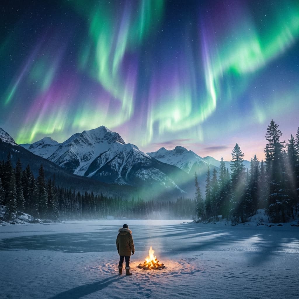 A magical aurora over snow-capped mountains at twilight, cinematic 4K, volumetric lighting, ultra-detailed landscape photography