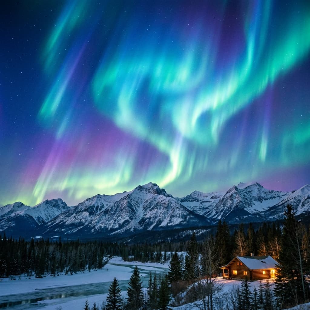 A magical aurora over snow-capped mountains at twilight, cinematic 4K, volumetric lighting, ultra-detailed landscape photography