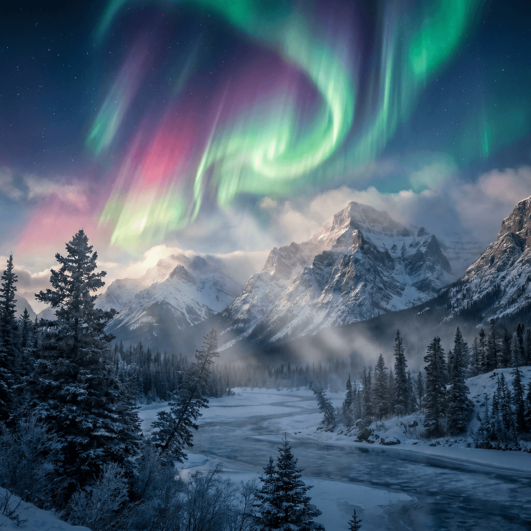 A magical aurora over snow-capped mountains at twilight, cinematic 4K, volumetric lighting, ultra-detailed landscape photography