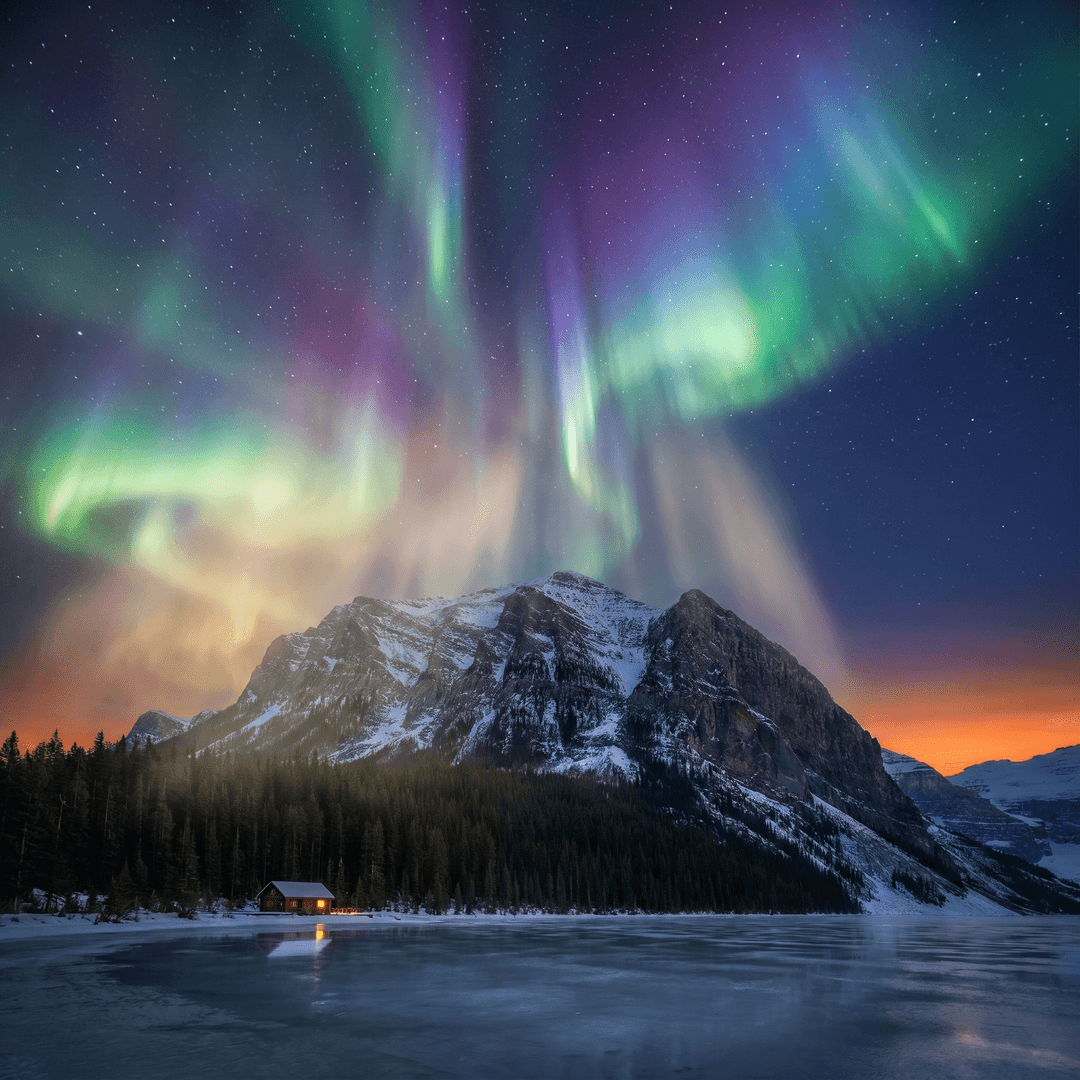 A magical aurora over snow-capped mountains at twilight, cinematic 4K, volumetric lighting, ultra-detailed landscape photography