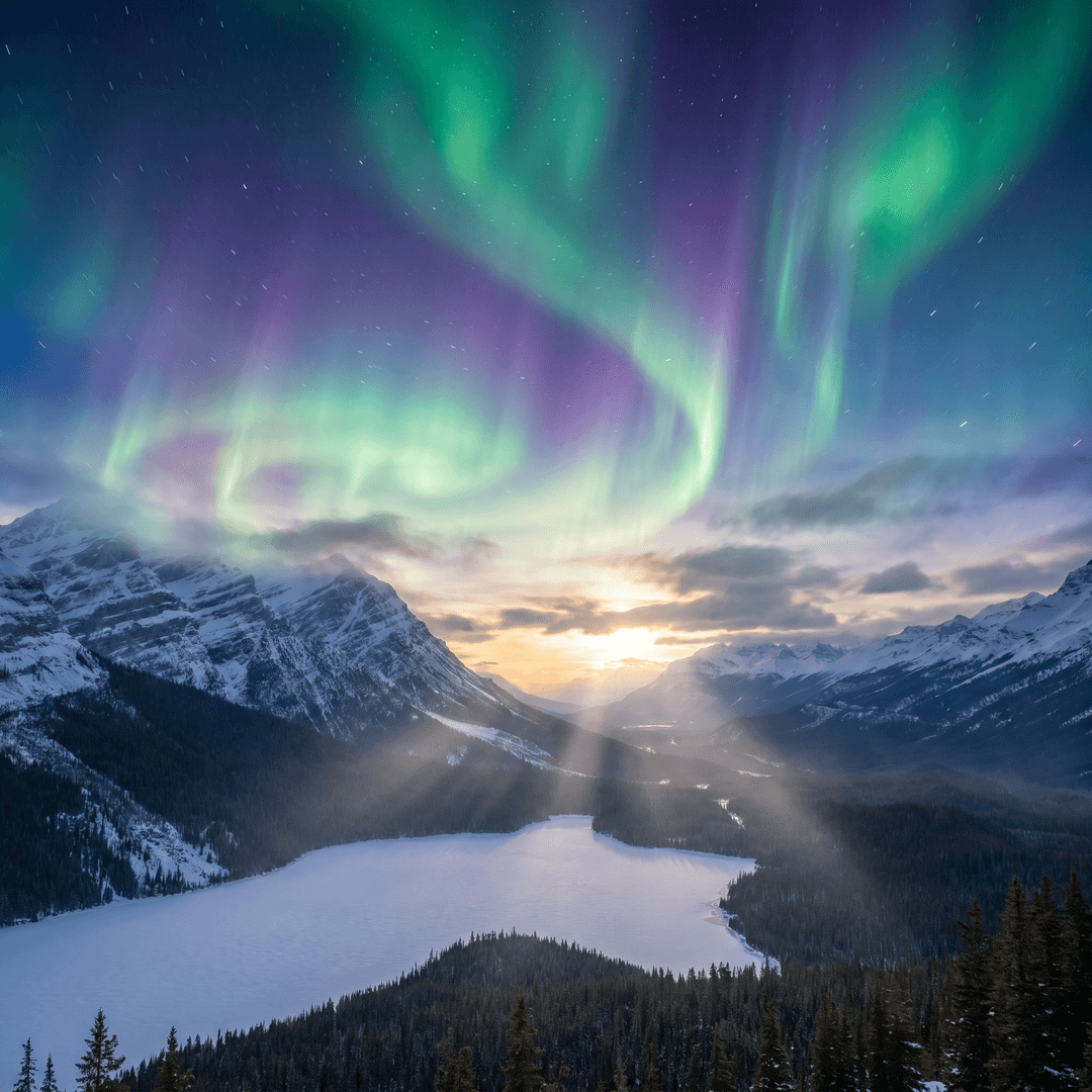 A magical aurora over snow-capped mountains at twilight, cinematic 4K, volumetric lighting, ultra-detailed landscape photography