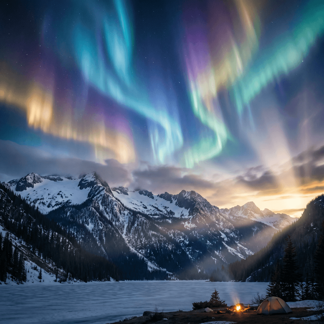 A magical aurora over snow-capped mountains at twilight, cinematic 4K, volumetric lighting, ultra-detailed landscape photography