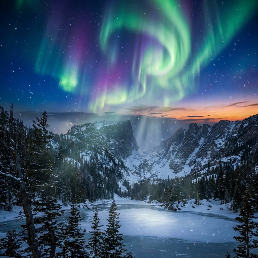 A magical aurora over snow-capped mountains at twilight, cinematic 4K, volumetric lighting, ultra-detailed landscape photography