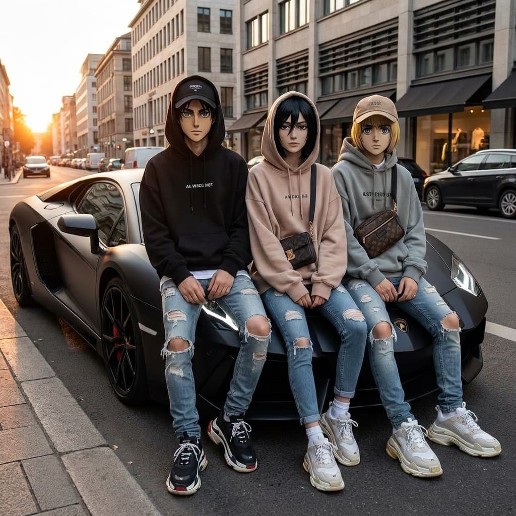 A picture of Eren, Mikasa, and Armin from Attack on titan next to a Lamborghini dressed in hype beast clothing 