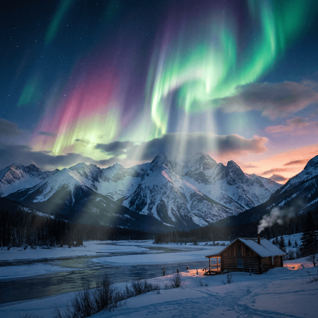 A magical aurora over snow-capped mountains at twilight, cinematic 4K, volumetric lighting, ultra-detailed landscape photography
