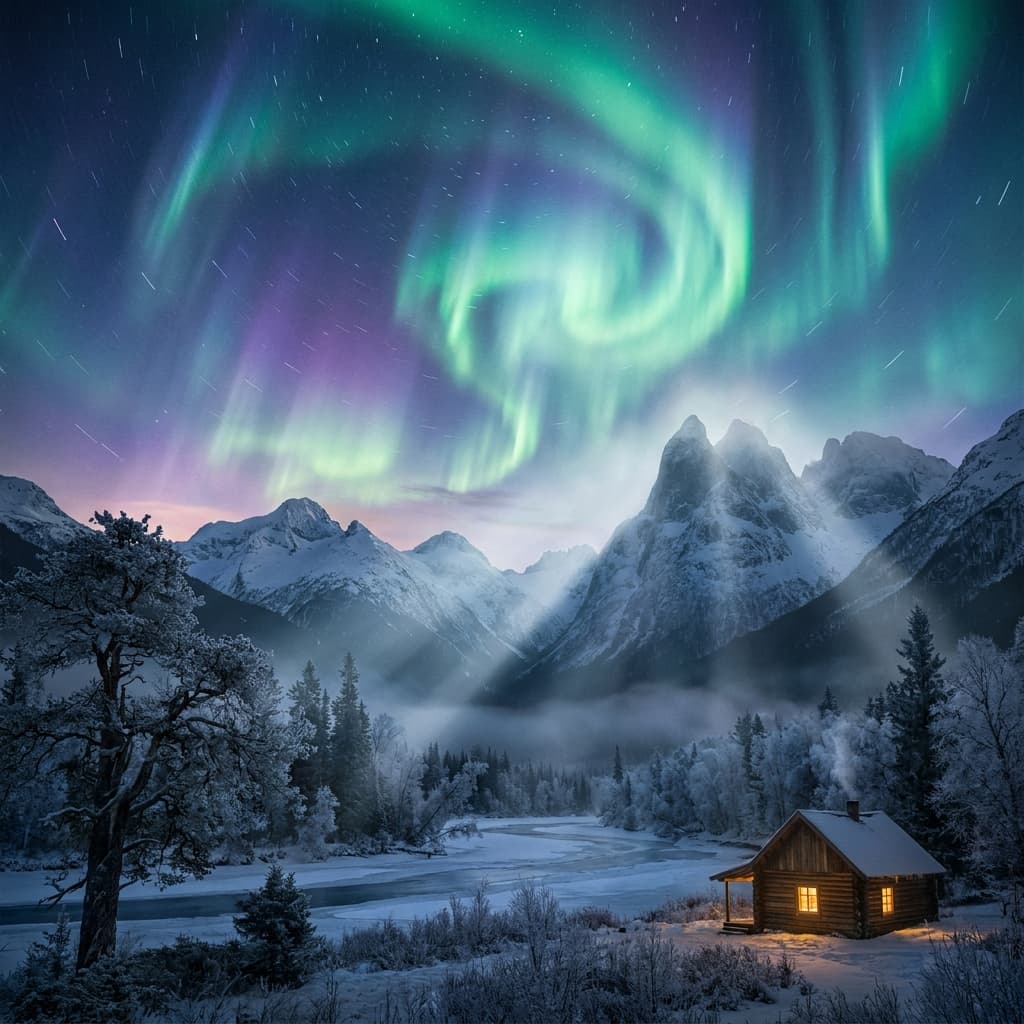 A magical aurora over snow-capped mountains at twilight, cinematic 4K, volumetric lighting, ultra-detailed landscape photography