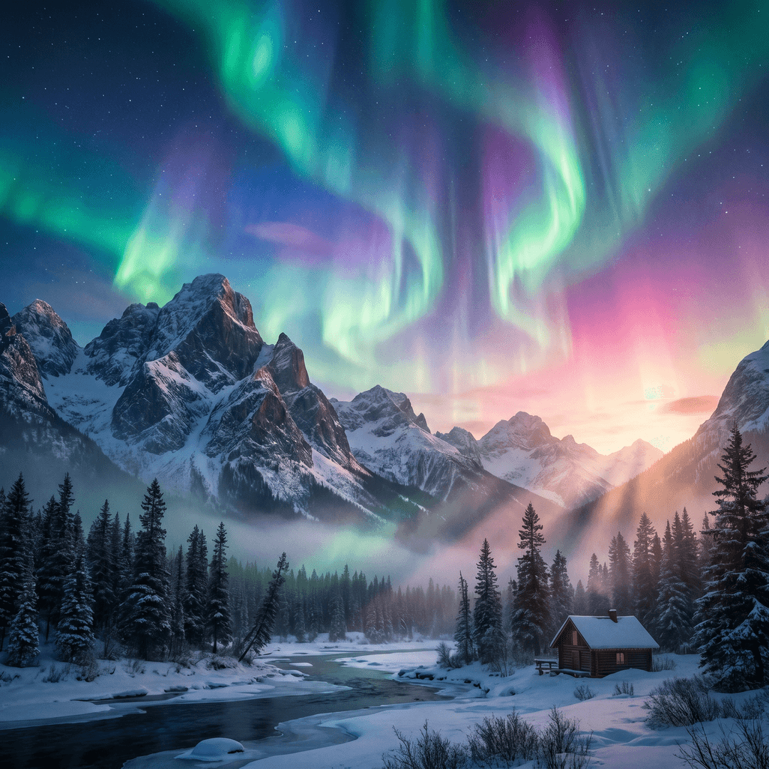 A magical aurora over snow-capped mountains at twilight, cinematic 4K, volumetric lighting, ultra-detailed landscape photography
