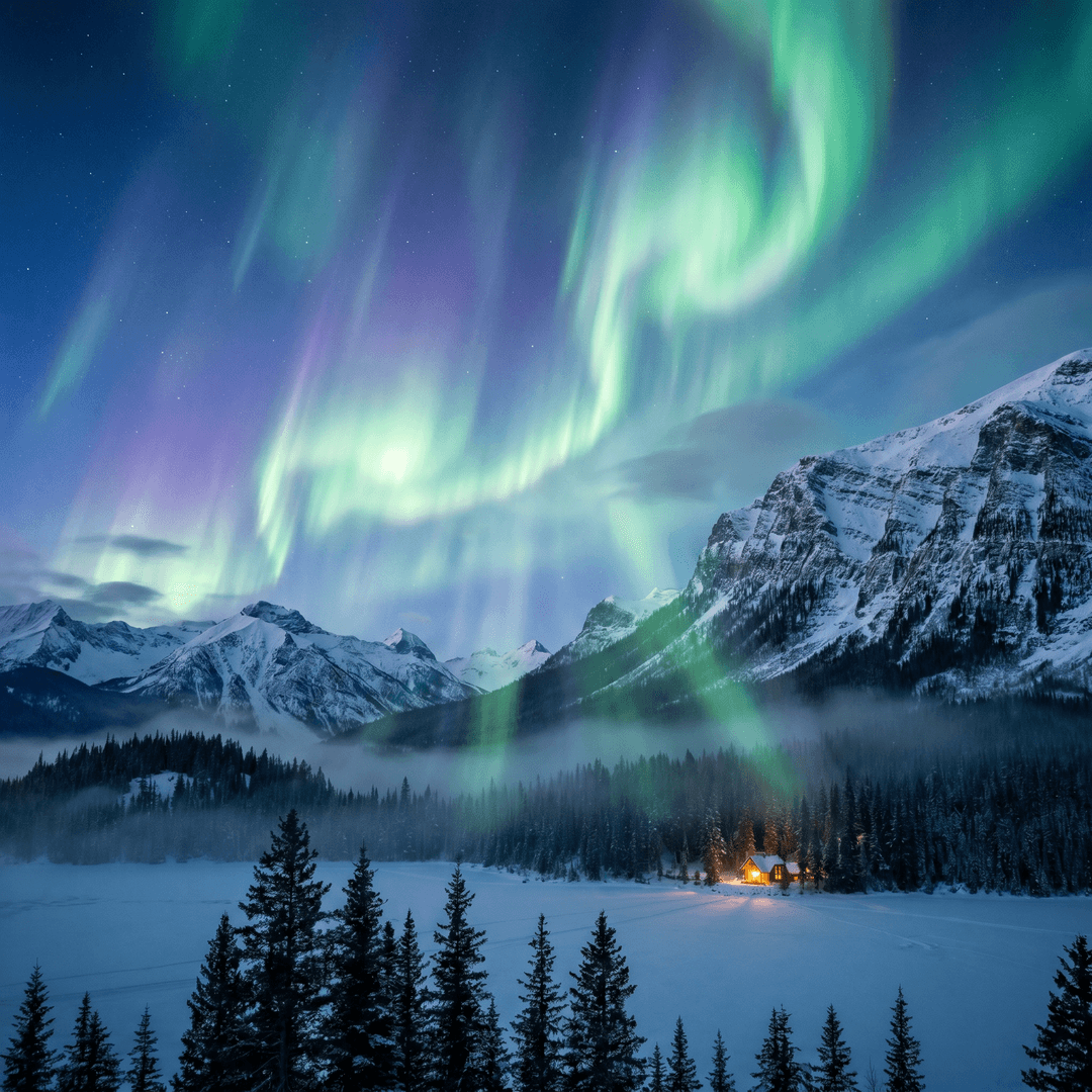 A magical aurora over snow-capped mountains at twilight, cinematic 4K, volumetric lighting, ultra-detailed landscape photography