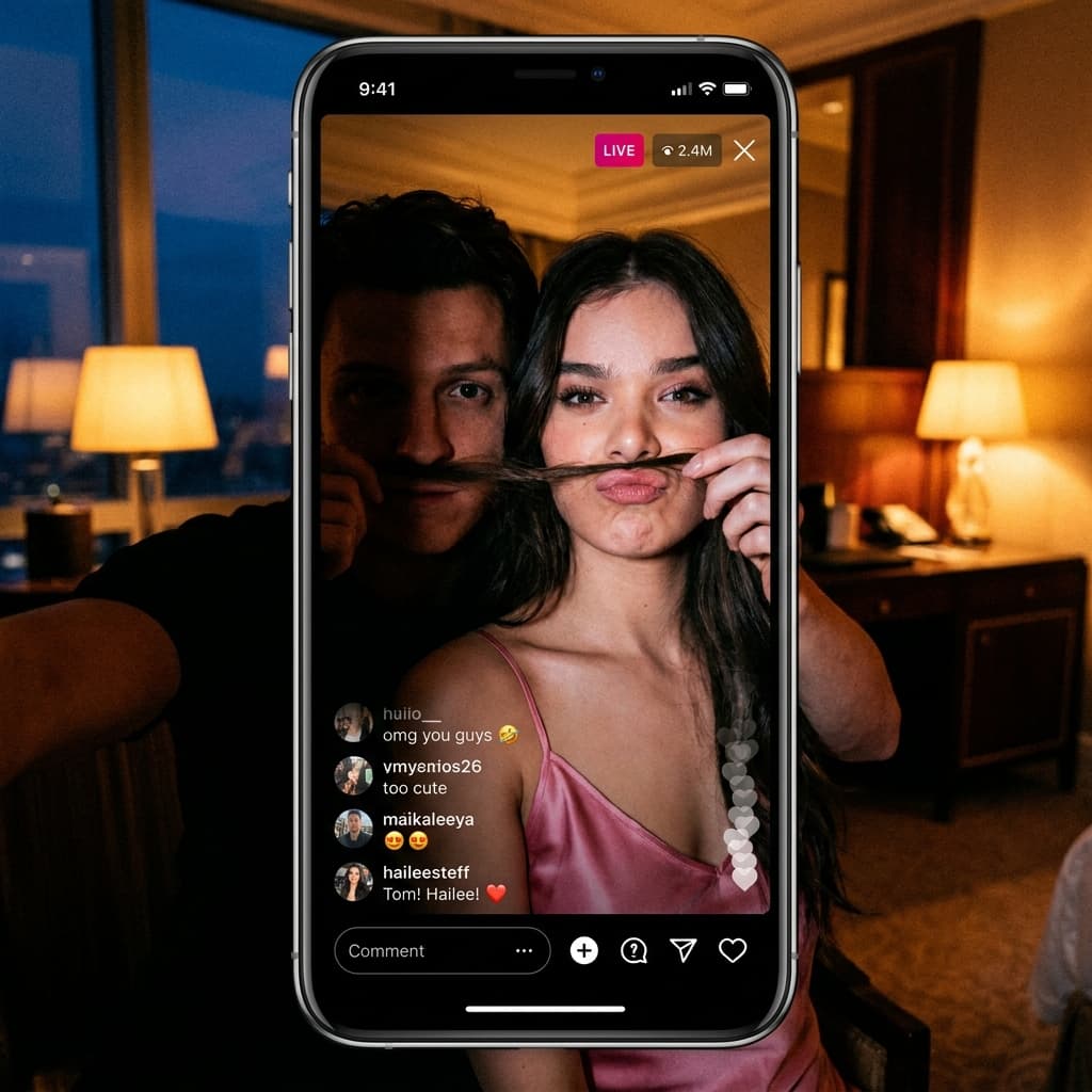 Prompt: An intimate "blue hour" indoor, handheld selfie Instagram candid live. A cinematic close-up of a couple resembling Tom Holland and Hailee Steinfeld, sharing a private selfie Instagram live, playful moment in a luxury hotel suite. The lighting is a mix of soft amber lamplight and deep, moody shadows, creating a high-contrast "flash-photography" look. The woman, in a silk pink slip, the man holds her hair strain as a moustache on her upper lip, the woman is making a funny pouty lips. Both are looking directly into the camera. Hyper-realistic details: visible skin pores and soft fabric textures. Shot on a iPhone, the comments should be visible on side. The color grade is nostalgic with warm highlights and lifted, grainy shadows. Moody, authentic photography style, 9:16 aspect ratio.