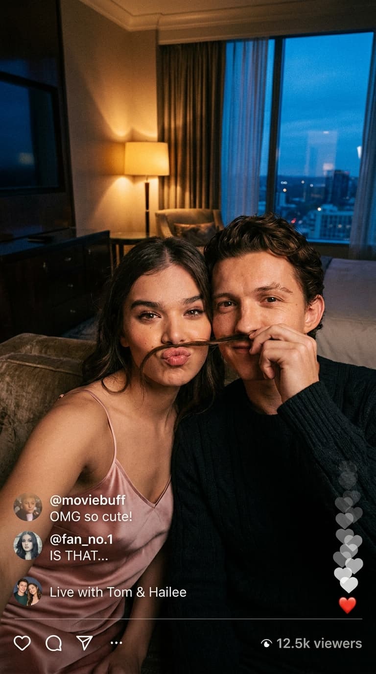 Prompt: An intimate "blue hour" indoor, handheld selfie Instagram candid live. A cinematic close-up of a couple resembling Tom Holland and Hailee Steinfeld, sharing a private selfie Instagram live, playful moment in a luxury hotel suite. The lighting is a mix of soft amber lamplight and deep, moody shadows, creating a high-contrast "flash-photography" look. The woman, in a silk pink slip, the man holds her hair strain as a moustache on her upper lip, the woman is making a funny pouty lips. Both are looking directly into the camera. Hyper-realistic details: visible skin pores and soft fabric textures. Shot on a iPhone, the comments should be visible on side. The color grade is nostalgic with warm highlights and lifted, grainy shadows. Moody, authentic photography style, 9:16 aspect ratio.