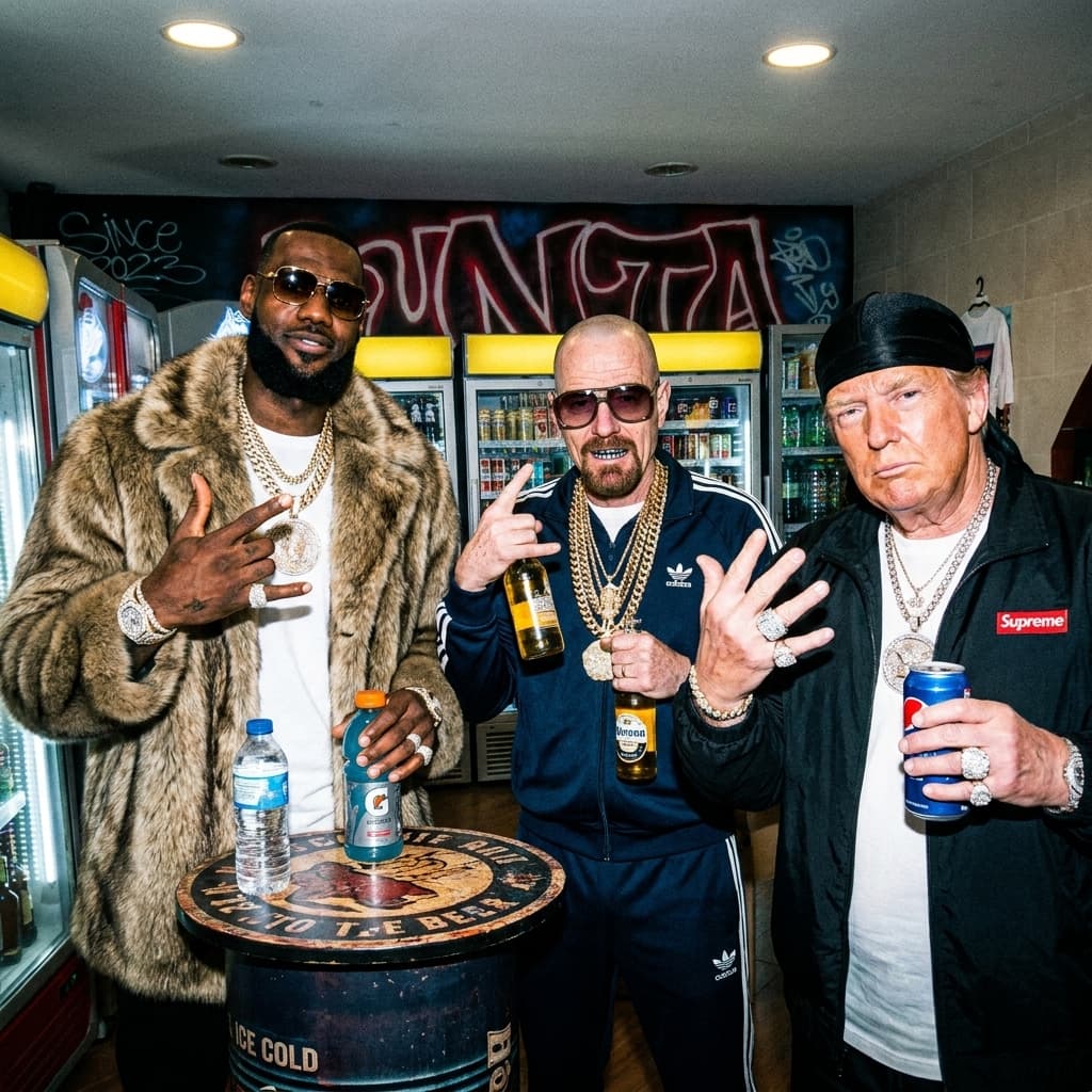 Ok so i want to add some people to this picture and they would be le bron james, walter white, donald trump they should be dressed like rappers all blinged out and they should have some drinks in the hand also make it look like a flash image they should be placed in this store