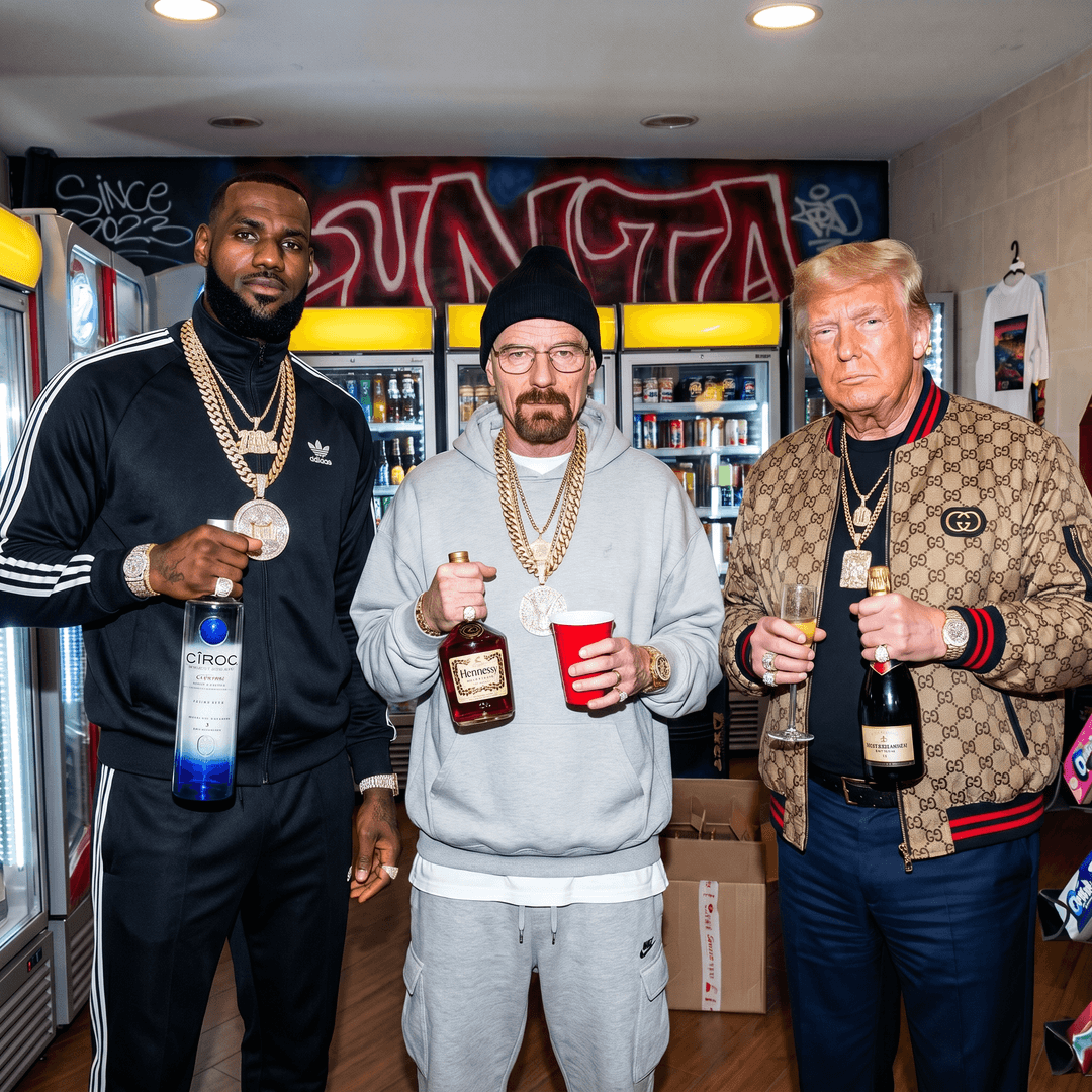 Ok so i want to add some people to this picture and they would be le bron james, walter white, donald trump they should be dressed like rappers all blinged out and they should have some drinks in the hand also make it look like a flash image they should be placed in this store