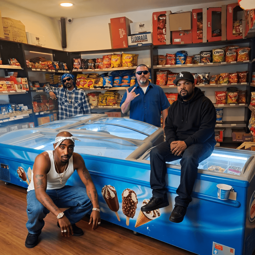 I need a picture in which there is 2pac squatted down he is wearing a white tank top there also should be the rapper ice cube on the freezer, snoop dogg in the back and my boss in the middle of them showing the w with his hand 