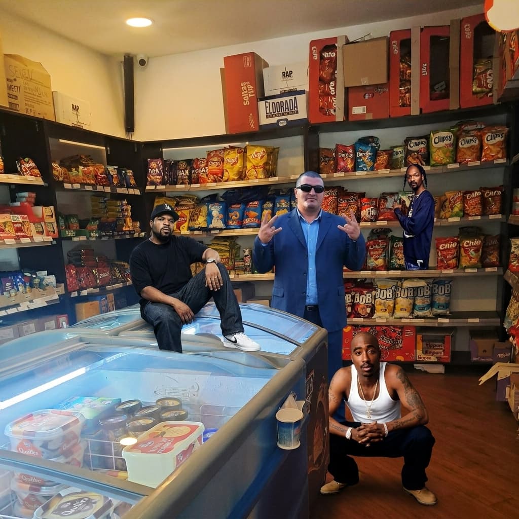 I need a picture in which there is 2pac squatted down he is wearing a white tank top there also should be the rapper ice cube on the freezer, snoop dogg in the back and my boss in the middle of them showing the w with his hand 