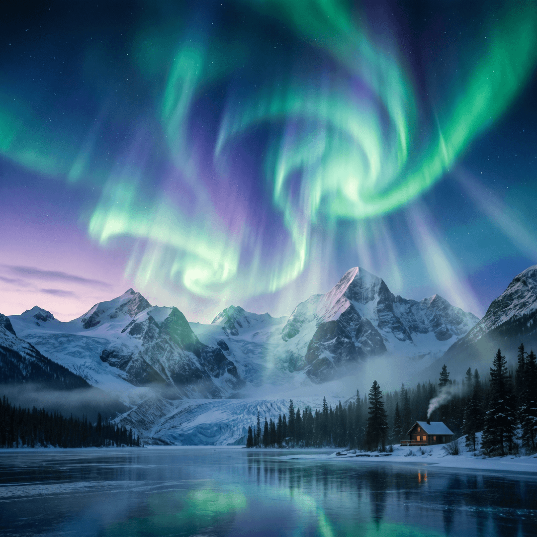 A magical aurora over snow-capped mountains at twilight, cinematic 4K, volumetric lighting, ultra-detailed landscape photography