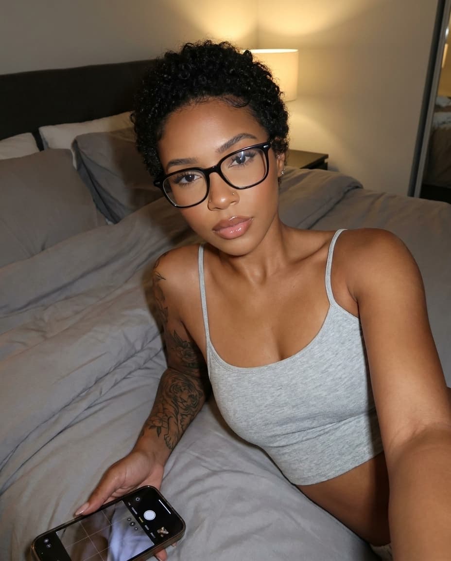 {
  "tool": "nano_banana_pro",
  "mode": "image-reference",
  "aspect_ratio": "9:16",

  "identity_lock": "Naomi Solei ONLY",

  "reference_behavior": {
    "use_reference_for": [
      "exact pose",
      "camera angle",
      "bed position",
      "selfie framing",
      "lighting softness",
      "glasses styling",
      "overall cozy bedroom mood"
    ],
    "do_not_change_pose": true
  },

  "appearance": {
    "face": "exact Naomi Solei facial structure from reference image",
    "skin_tone": "warm rich brown skin tone",
    "body": "small defined waist, curvy feminine proportions, full round glutes, full bust, toned feminine physique",
    "hair": "Naomi Solei short natural curly pixie cut ONLY",
    "makeup": "soft glam, glossy lips, long lashes, realistic skin texture"
  },

  "tattoo_rules": {
    "right_arm_only": true,
    "description": "Naomi Solei floral/tiger tattoo sleeve visible naturally on RIGHT arm ONLY",
    "no_other_tattoos": true
  },

  "outfit": {
    "top": "light grey fitted spaghetti-strap crop top",
    "bottom": "soft cozy lounge shorts partially visible under blanket",
    "accessories": [
      "black luxury glasses",
      "small nose stud",
      "minimal gold necklace"
    ]
  },

  "scene": {
    "environment": "soft luxury bedroom setting",
    "pose": "lying comfortably on bed taking handheld phone selfie",
    "mood": "late-night cozy feminine energy",
    "camera_style": "real iPhone selfie"
  },

  "lighting": {
    "type": "soft indoor ambient lighting",
    "effect": "natural warm skin glow with realistic shadows"
  },

  "realism_rules": [
    "must look genuinely photographed",
    "realistic skin pores",
    "natural hair texture",
    "real iPhone camera softness",
    "subtle lens distortion from close selfie angle",
    "no AI beauty filter look"
  ],

  "strict_rules": [
    "DO NOT generate another woman",
    "DO NOT use long hair",
    "DO NOT remove tattoo",
    "DO NOT redesign composition",
    "preserve selfie realism"
  ]
}