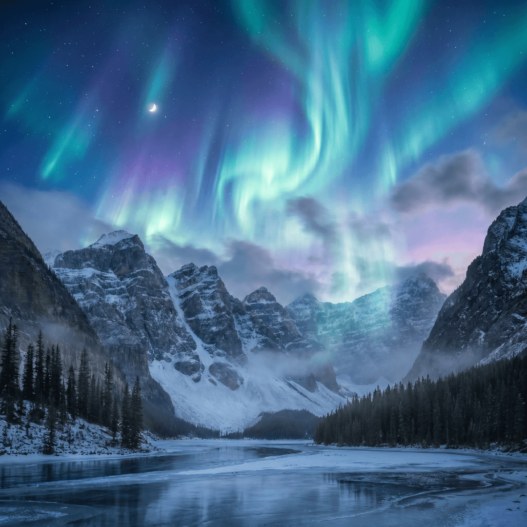 A magical aurora over snow-capped mountains at twilight, cinematic 4K, volumetric lighting, ultra-detailed landscape photography