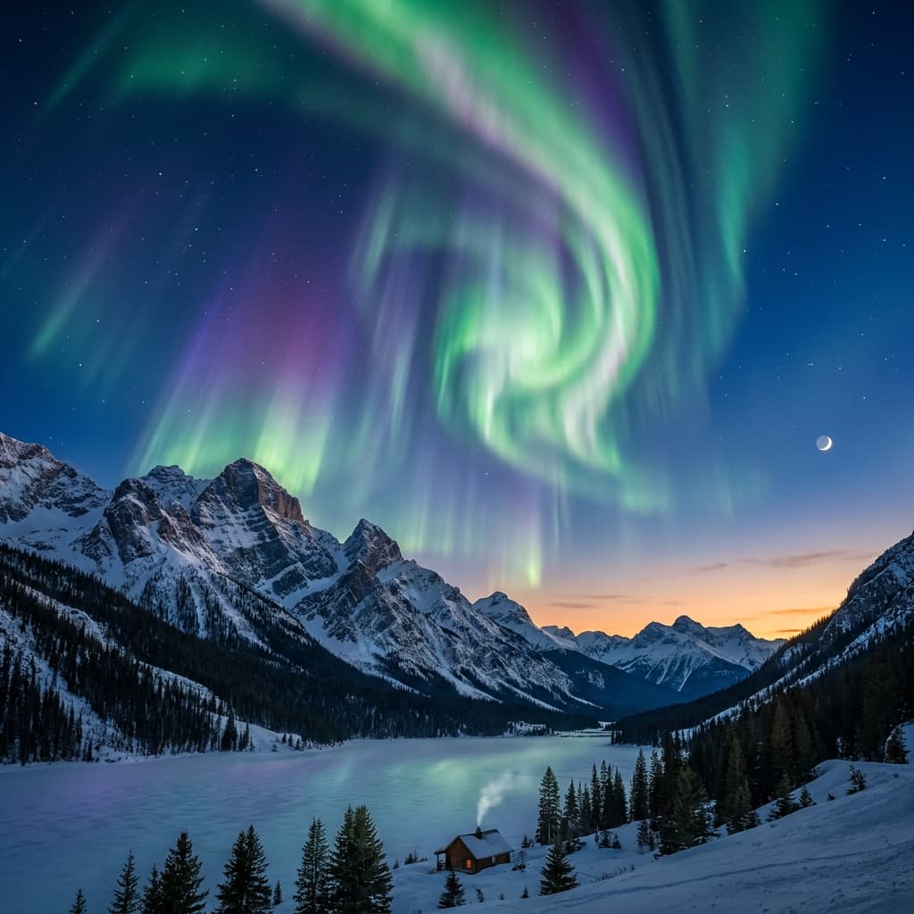 A magical aurora over snow-capped mountains at twilight, cinematic 4K, volumetric lighting, ultra-detailed landscape photography
