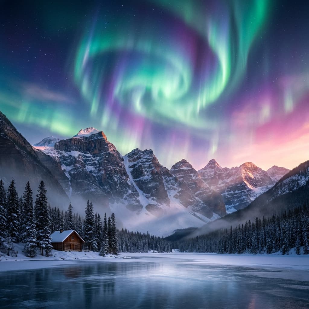 A magical aurora over snow-capped mountains at twilight, cinematic 4K, volumetric lighting, ultra-detailed landscape photography