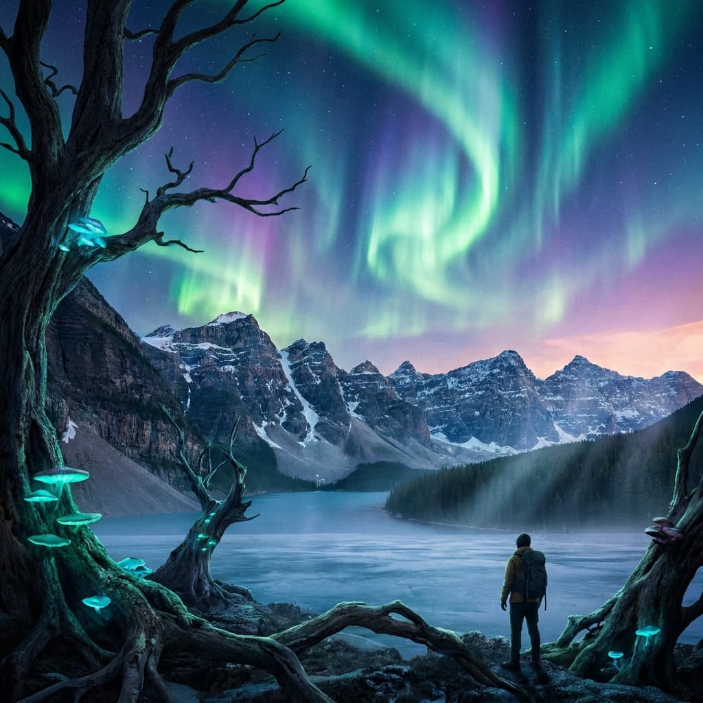A magical aurora over snow-capped mountains at twilight, cinematic 4K, volumetric lighting, ultra-detailed landscape photography
