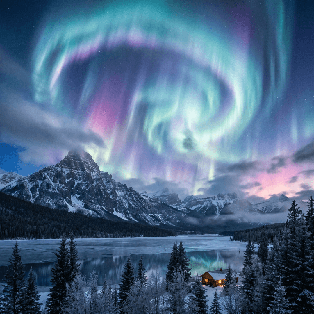 A magical aurora over snow-capped mountains at twilight, cinematic 4K, volumetric lighting, ultra-detailed landscape photography