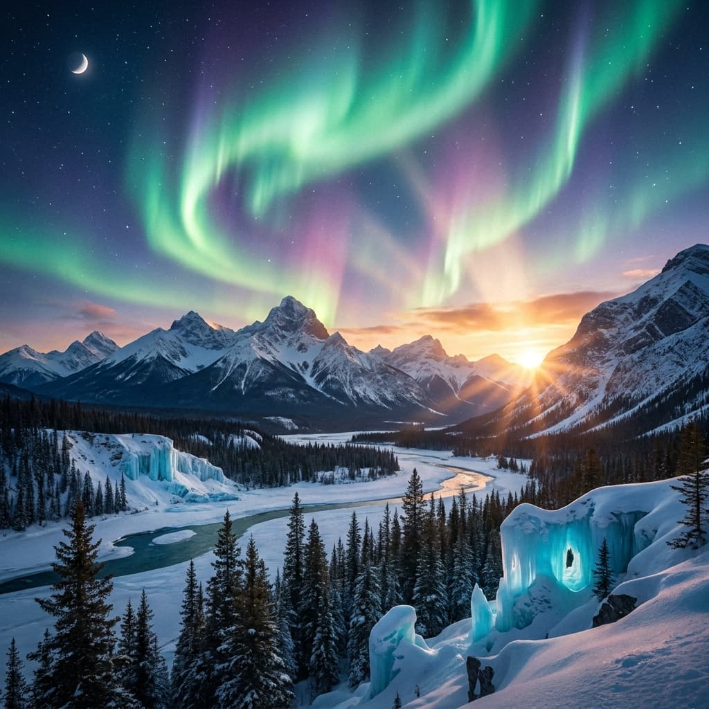 A magical aurora over snow-capped mountains at twilight, cinematic 4K, volumetric lighting, ultra-detailed landscape photography