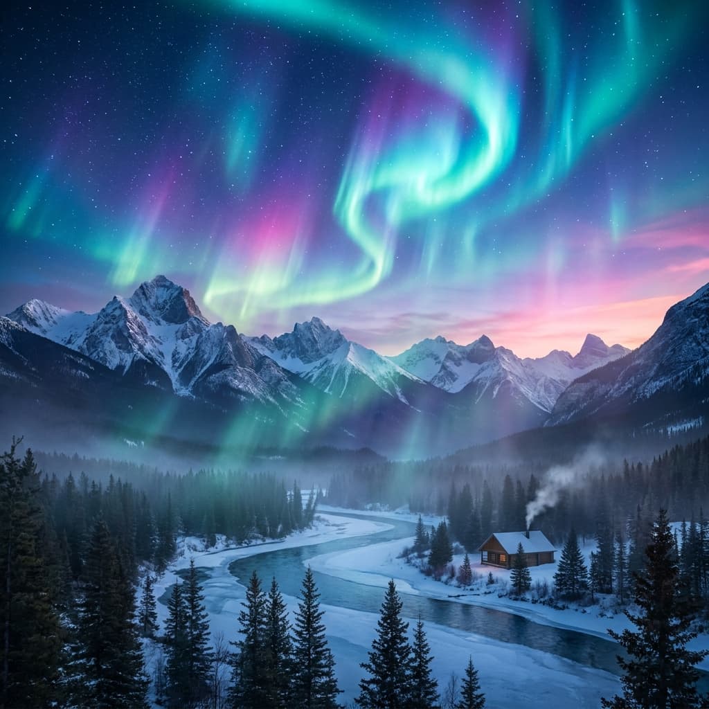A magical aurora over snow-capped mountains at twilight, cinematic 4K, volumetric lighting, ultra-detailed landscape photography