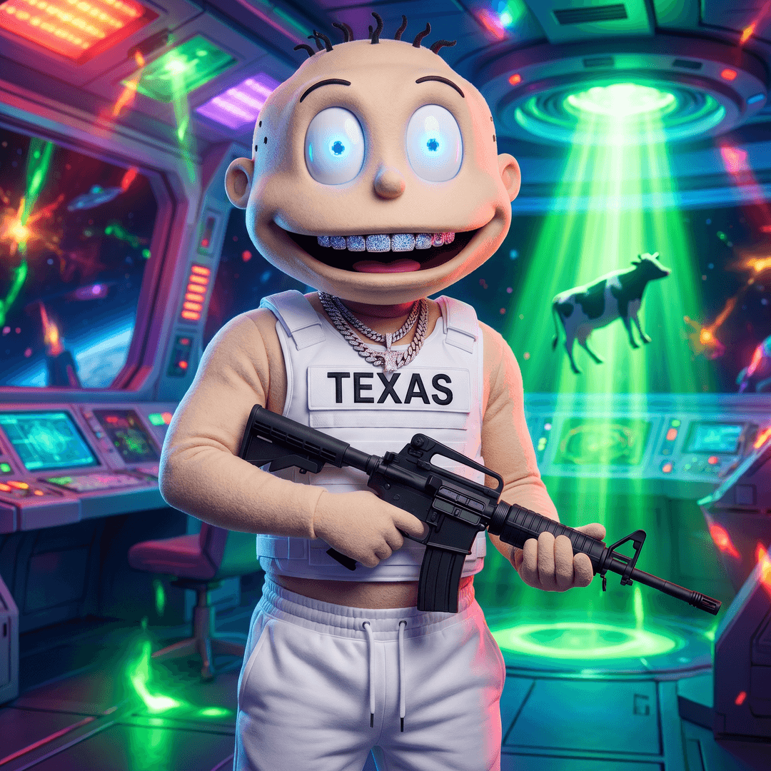 **PROMPT:** RUGRATS, Call Of Duty, eyes glowing, dressed in white jogger pants, white plate carrier that has TEXAS on it wearing diamond chains, diamond grill, grinning, holding an all black , that is VERY vibrant, the background is a spaceship beaming up a cow, and lit up, Dramatic lighting, close-up shot