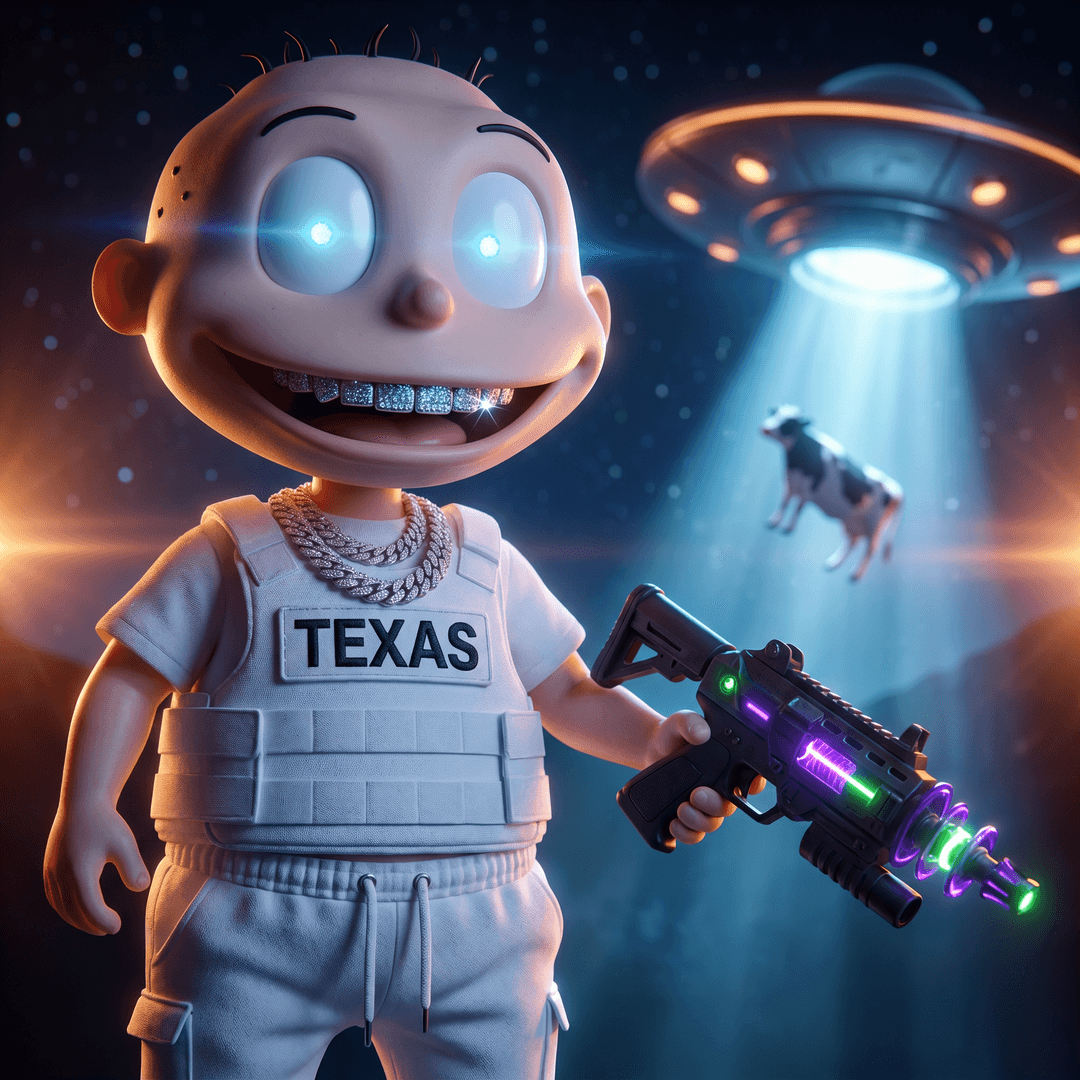 **PROMPT:** RUGRATS, Call Of Duty, eyes glowing, dressed in white jogger pants, white plate carrier that has TEXAS on it wearing diamond chains, diamond grill, grinning, holding an all black , that is VERY vibrant, the background is a spaceship beaming up a cow, and lit up, Dramatic lighting, close-up shot