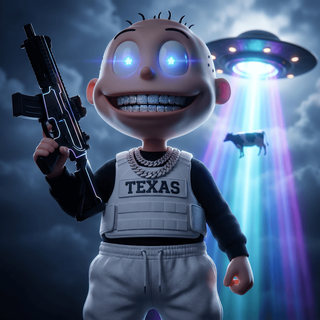 **PROMPT:** RUGRATS, Call Of Duty, eyes glowing, dressed in white jogger pants, white plate carrier that has TEXAS on it wearing diamond chains, diamond grill, grinning, holding an all black , that is VERY vibrant, the background is a spaceship beaming up a cow, and lit up, Dramatic lighting, close-up shot