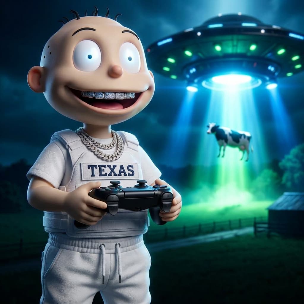 **PROMPT:** RUGRATS, Call Of Duty, eyes glowing, dressed in white jogger pants, white plate carrier that has TEXAS on it wearing diamond chains, diamond grill, grinning, holding an all black , that is VERY vibrant, the background is a spaceship beaming up a cow, and lit up, Dramatic lighting, close-up shot