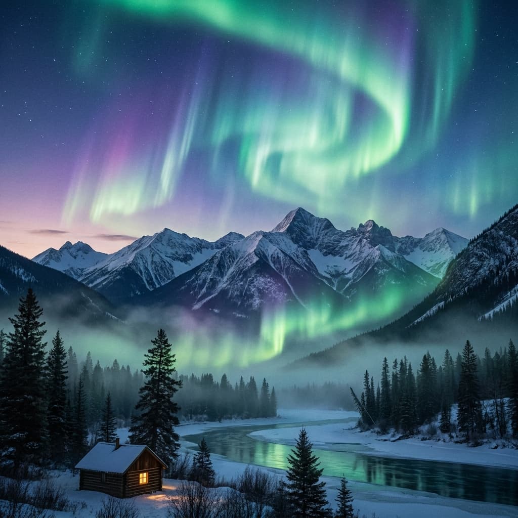 A magical aurora over snow-capped mountains at twilight, cinematic 4K, volumetric lighting, ultra-detailed landscape photography