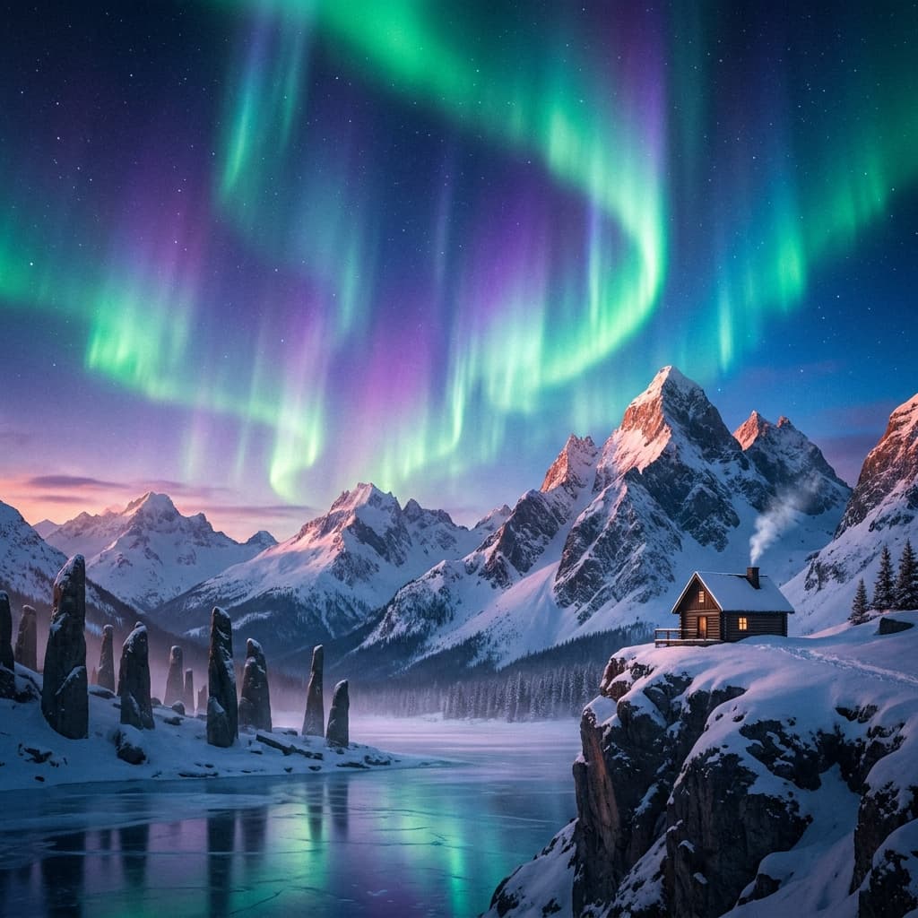 A magical aurora over snow-capped mountains at twilight, cinematic 4K, volumetric lighting, ultra-detailed landscape photography