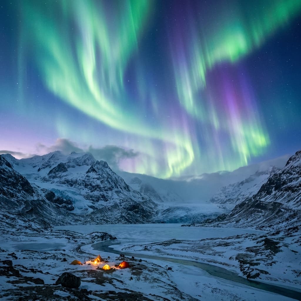 A magical aurora over snow-capped mountains at twilight, cinematic 4K, volumetric lighting, ultra-detailed landscape photography