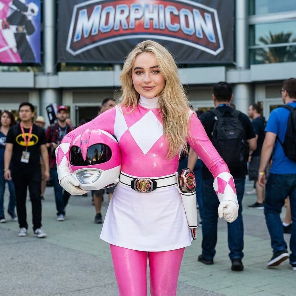 Sabrina Carpenter dressed as the Pink Ranger from Mighty Morphin Power Rangers
