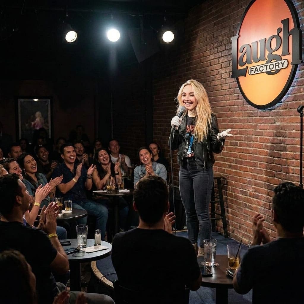 Sabrina Carpenter telling jokes on stage at The Laugh Factory comedy club. She is wearing a normal outfit.