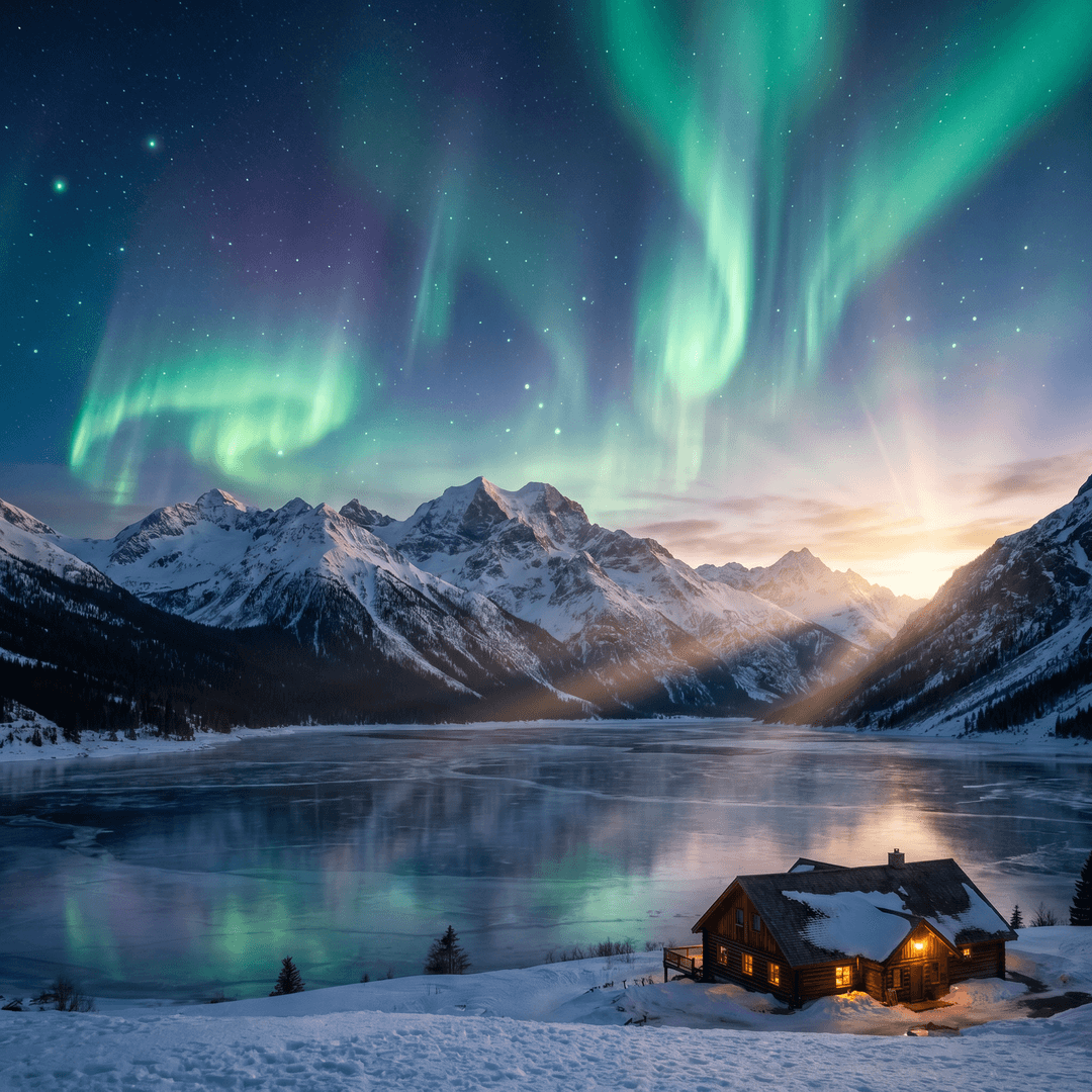 A magical aurora over snow-capped mountains at twilight, cinematic 4K, volumetric lighting, ultra-detailed landscape photography