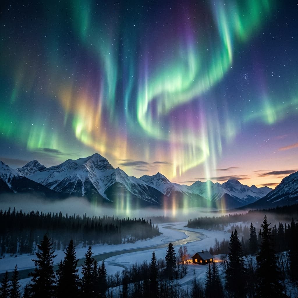 A magical aurora over snow-capped mountains at twilight, cinematic 4K, volumetric lighting, ultra-detailed landscape photography