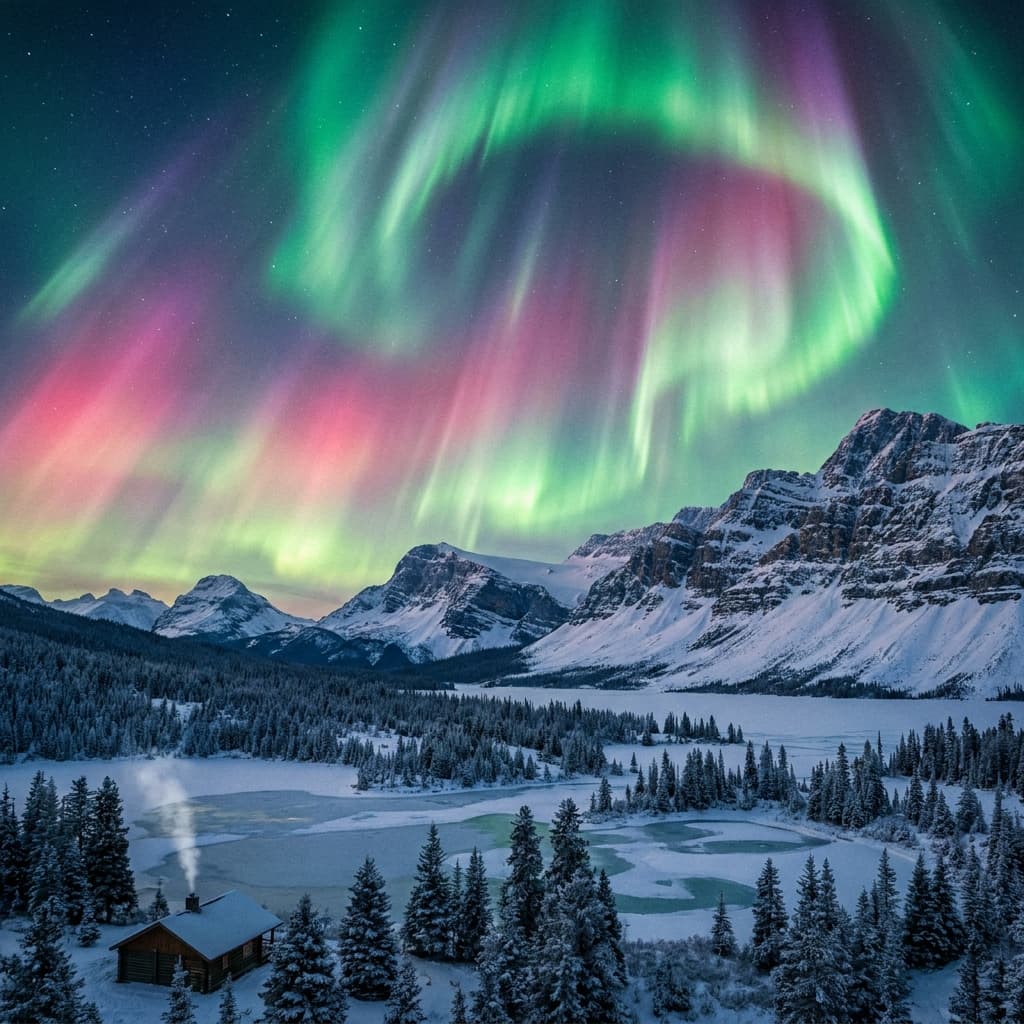 A magical aurora over snow-capped mountains at twilight, cinematic 4K, volumetric lighting, ultra-detailed landscape photography