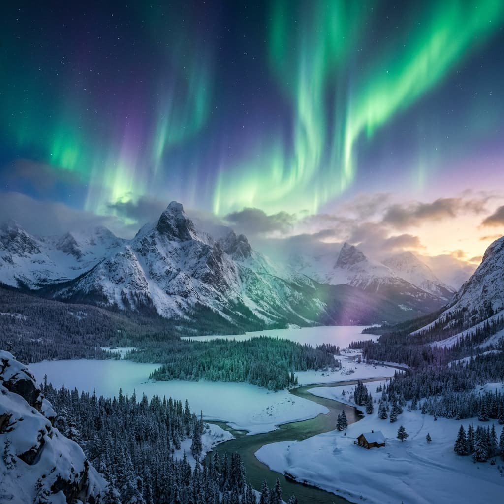 A magical aurora over snow-capped mountains at twilight, cinematic 4K, volumetric lighting, ultra-detailed landscape photography