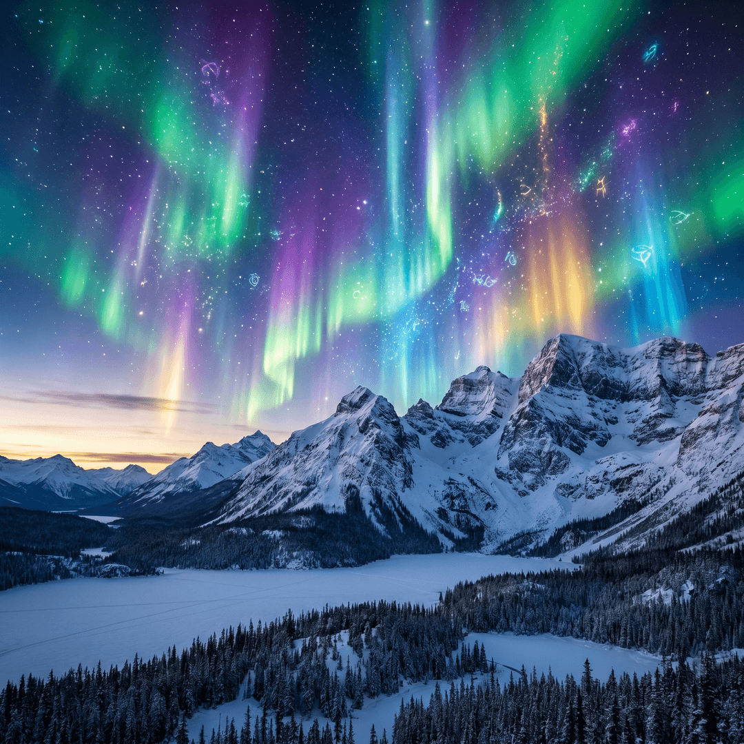 A magical aurora over snow-capped mountains at twilight, cinematic 4K, volumetric lighting, ultra-detailed landscape photography