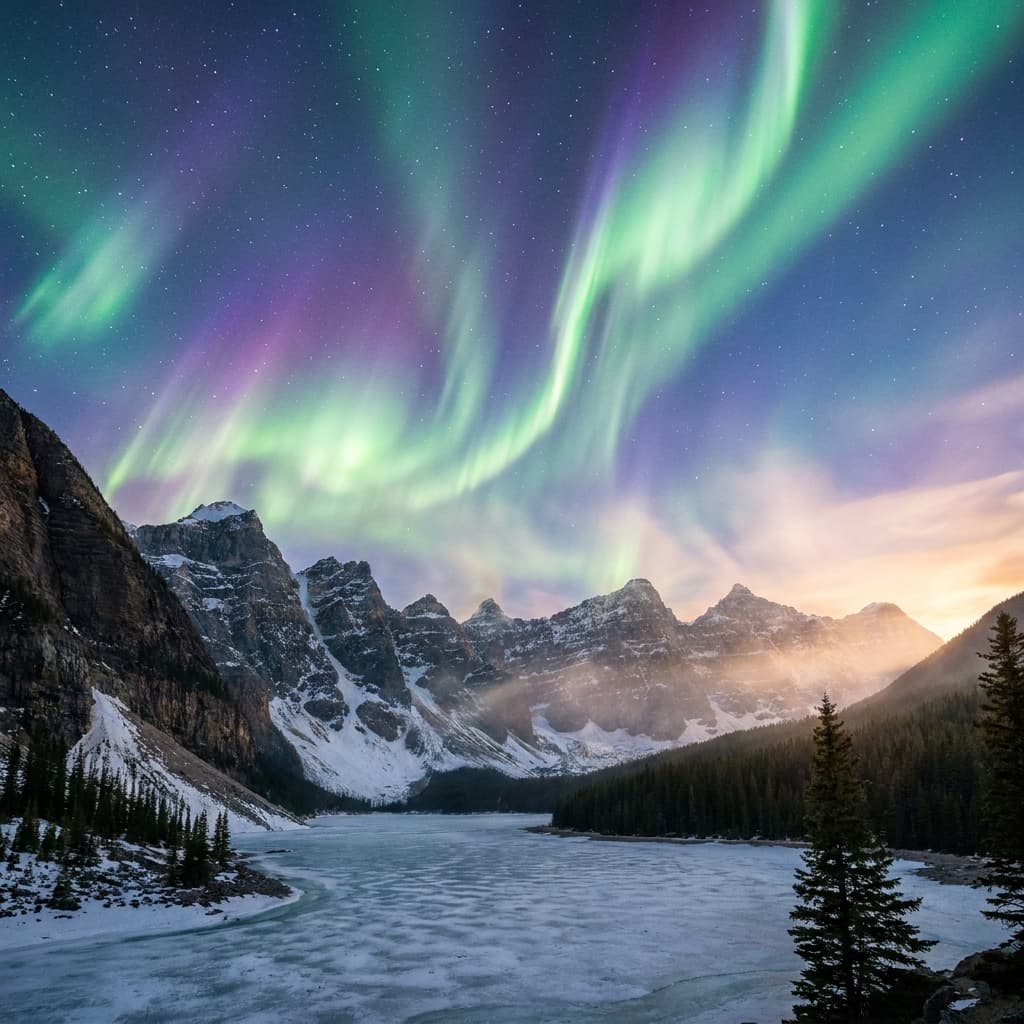 A magical aurora over snow-capped mountains at twilight, cinematic 4K, volumetric lighting, ultra-detailed landscape photography